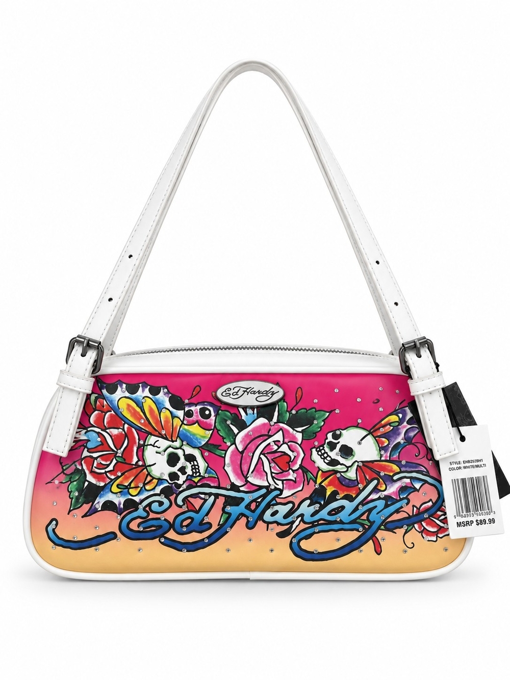 Ed Hardy Pink Multi Skull Rose Butterfly Shoulder Bag Rhinestone Y2K Icon - NWT